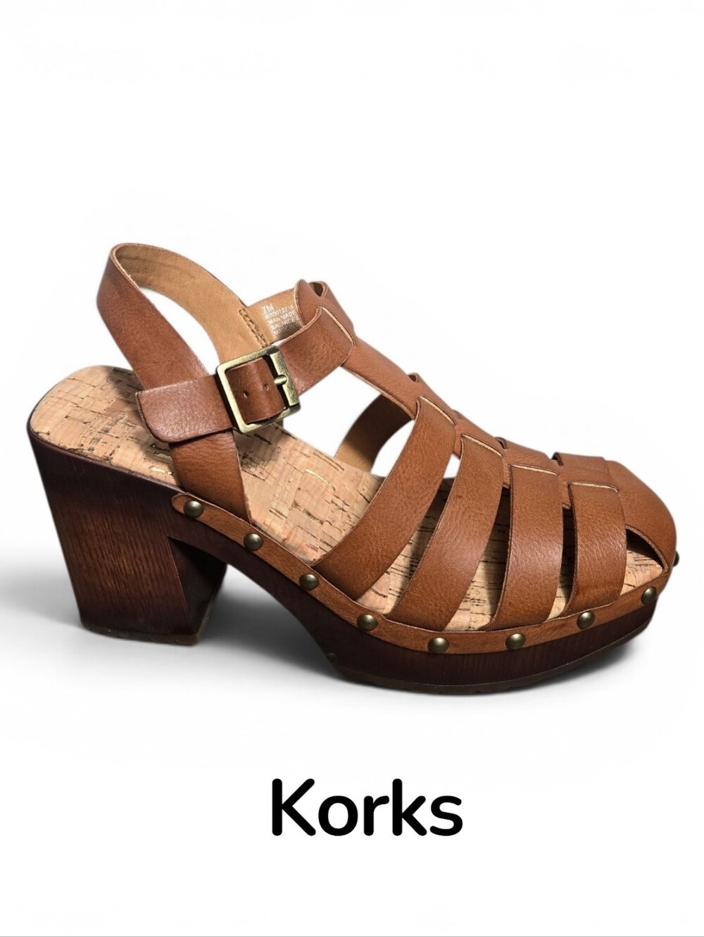 Korks Whitney Platform Tan Leather Strappy Fisherman Clog Block Heels Sandal